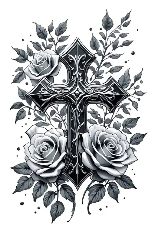 chrome cross with roses tattoo design idea