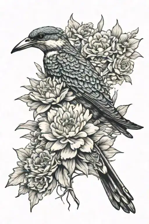 carnation and daisy bouquet with kingfisher bird perched tattoo design idea