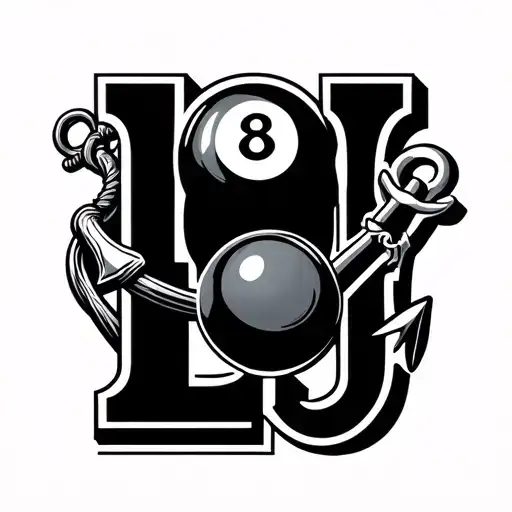 An illustration of the bold Letters LJ  monochrome, with an 8ball billard ball, a fishing hook and an anchor  tattoo design idea