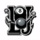 An illustration of the bold Letters LJ  monochrome, with an 8ball billard ball, a fishing hook and an anchor  tattoo design idea