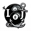 An illustration of the bold Letters LJ  monochrome, with an 8ball billard ball, a fishing hook and an anchor  tattoo design idea