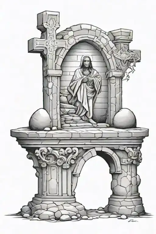 Half sleeve showing jesuss empty tomb stone tattoo design idea