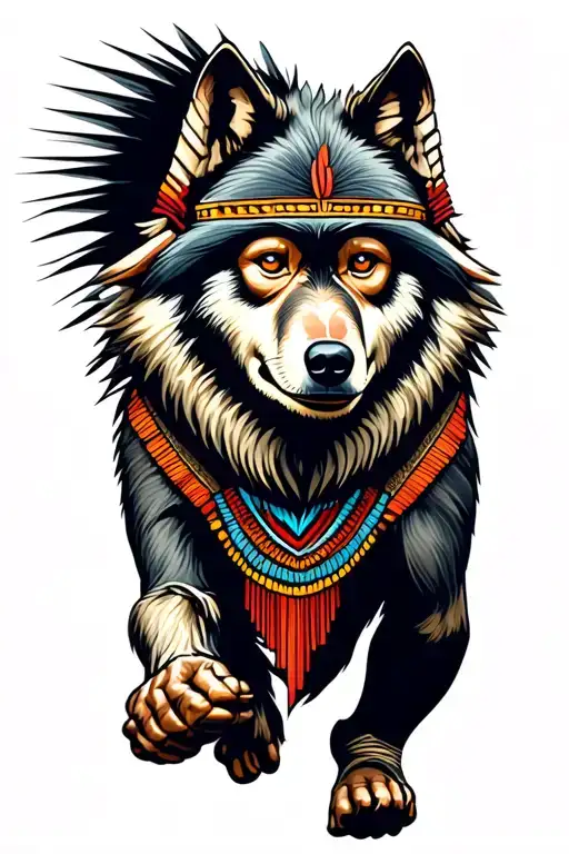 Aztec monkey with wolf running alongside tattoo design idea