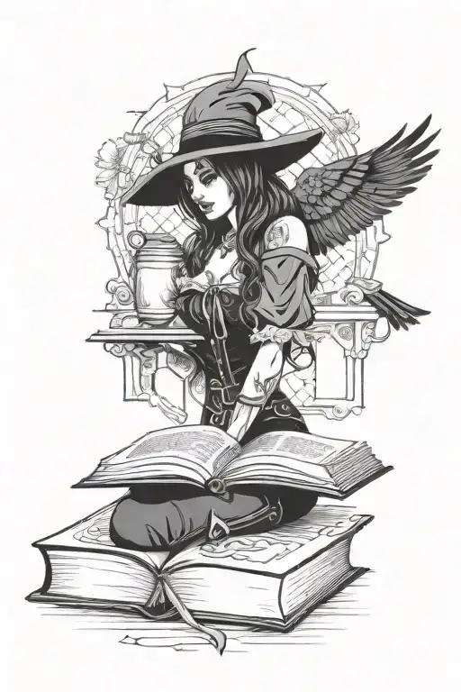 books, coffee, gothic lady, raven perched tattoo design idea