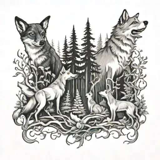 forest with hounds and a fox surrounded tattoo design idea