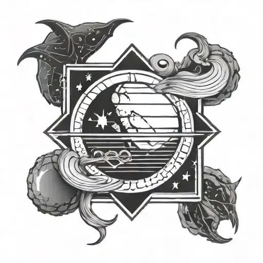 A tattoo design combining the symbol of Aries with the planet Mars, representing ambition and drive, intertwined with the symbol of Saturn, symbolizing hard work and justice. tattoo design idea