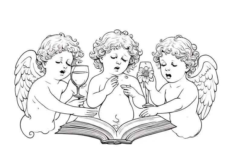 Three cherubs angels. Central crying and reading book. Left offering glass of wine, right one offering flower to middl. tattoo design idea