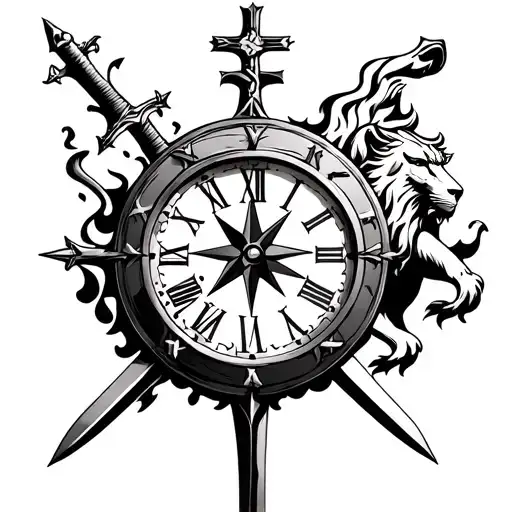 Clock with lion on fire in it with a half cross half sword and a compass Means the lord will fight your battles  tattoo design idea