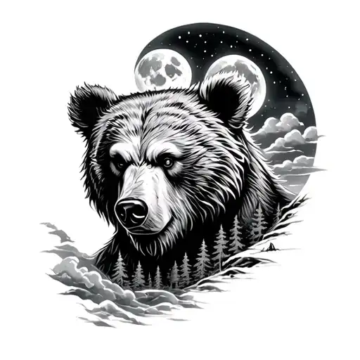 Tattoo bear of an evil realistic male on the shoulder, against the background of the night sky, the moon, forests, clouds tattoo design idea