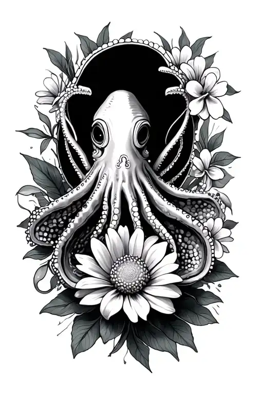 squid abd oyster with pearl and aster flower and Tanah lot temple tattoo design idea