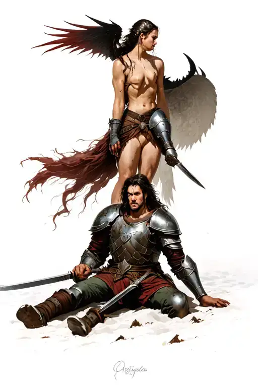 Norse Valkyrie woman above an exhausted male soldier with battered armor. a gorgeous succubus tempting him from below tattoo design idea