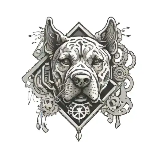 An abstract tattoo design combining a dog's paw print with the iconic SRT logo, surrounded by a border of intricate car engine parts, showcasing a unique blend of canine and automotive elements tattoo design idea