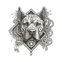 An abstract tattoo design combining a dog's paw print with the iconic SRT logo, surrounded by a border of intricate car engine parts, showcasing a unique blend of canine and automotive elements tattoo design idea