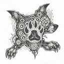 An abstract tattoo design combining a dog's paw print with the iconic SRT logo, surrounded by a border of intricate car engine parts, showcasing a unique blend of canine and automotive elements tattoo design idea