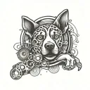 An abstract tattoo design combining a dog's paw print with the iconic SRT logo, surrounded by a border of intricate car engine parts, showcasing a unique blend of canine and automotive elements tattoo design idea