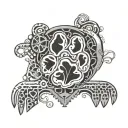 An abstract tattoo design combining a dog's paw print with the iconic SRT logo, surrounded by a border of intricate car engine parts, showcasing a unique blend of canine and automotive elements tattoo design idea