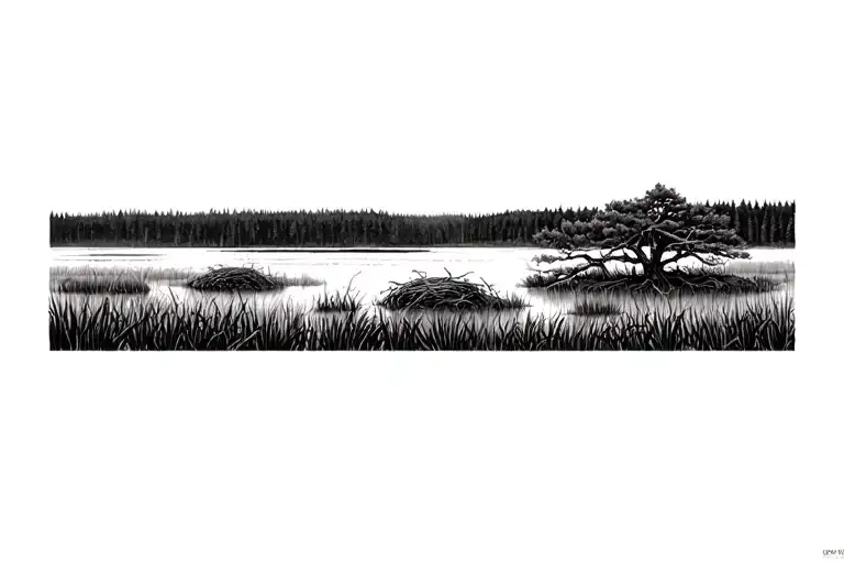 tall dying pine trees in a marshland with an osprey nest. marshland and a forest is in the background with switchgrass tattoo design idea
