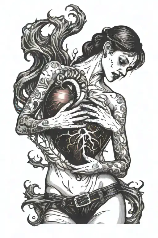 sexy woman holding a bloody heart she tore out of another chest  in her left hand tattoo design idea
