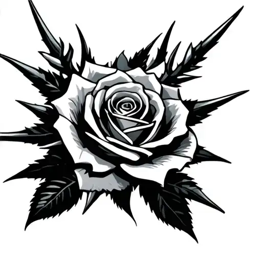 on the chest men's rose with stem and spikes tattoo design idea