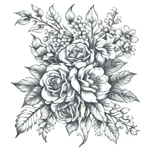 combine all the birth month flowers in a tattoo design: December, February, March, July, October tattoo design idea