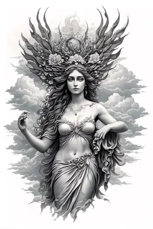 tattoo of a beutifull goddess of nature realistic not in a static position full body some clouds in the back tattoo design idea