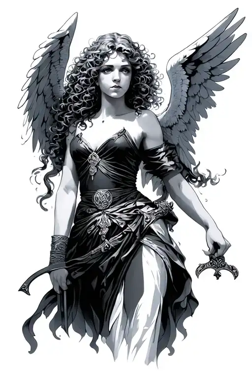 female angel with curly hair holding a sword  tattoo design idea