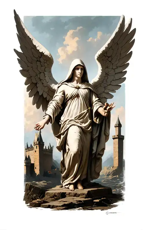 Angel with one hood and wings one open and another closed, in the shadow of the wings a small fortress and in the hand a bond of Guerr tattoo design idea