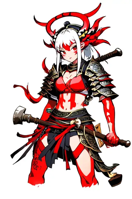 Oni girl with samurai armor, red skin, white hair holding a club over her shoulder tattoo design idea
