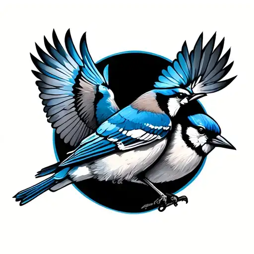 sparrow and a blue jay flying around each other tattoo design idea