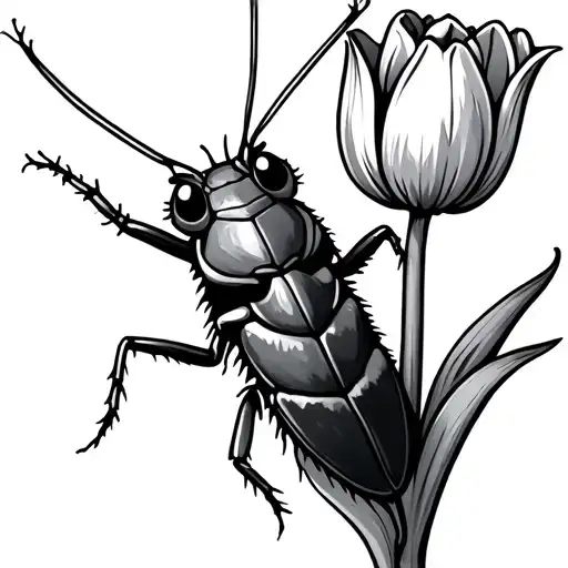 Create an image, cockroach coming out of windermill holding a tulip cartoony tattoo design idea
