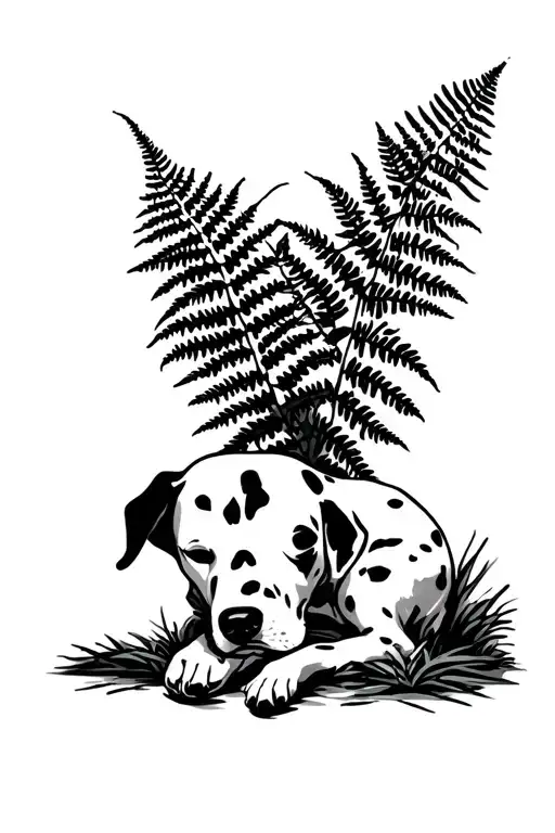 dalmation sleeping in forest with ferns in sunbeam tattoo design idea