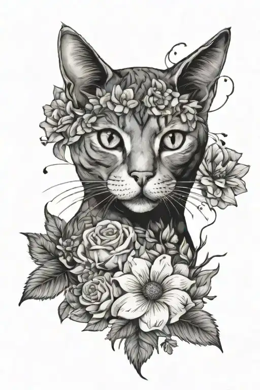 flowers and cat  tattoo design idea