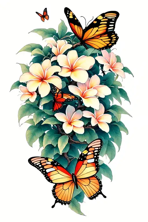 butterflies flying around a Frangipani tree tattoo design idea