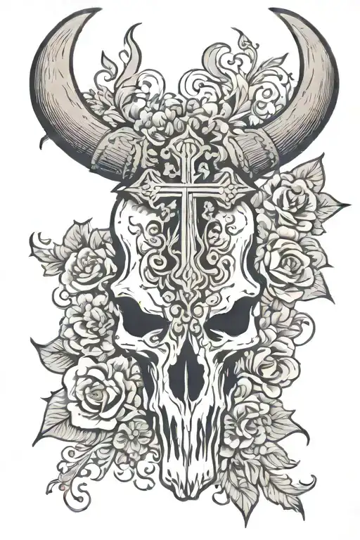 bull skull with floral background and a cross  tattoo design idea