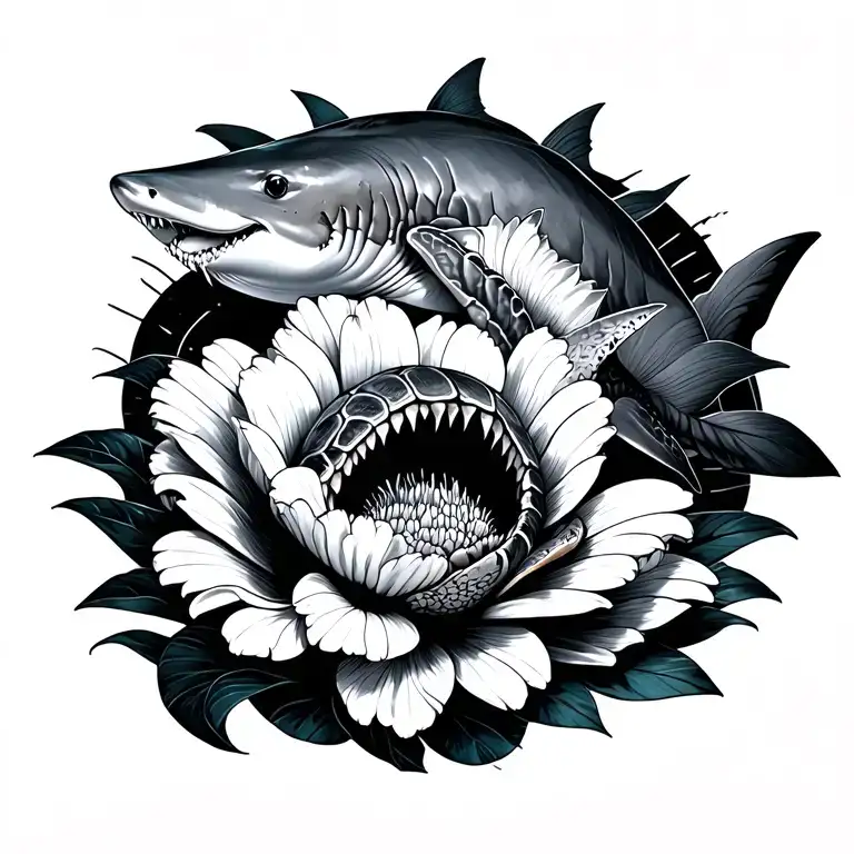 a flower three types of sharks wave and turtle tattoo design idea