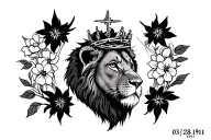 lion with a thorn crown and a cross on one of the lions eye and flowers around the lion with the date 03/28/1991 -  tattoo design idea
