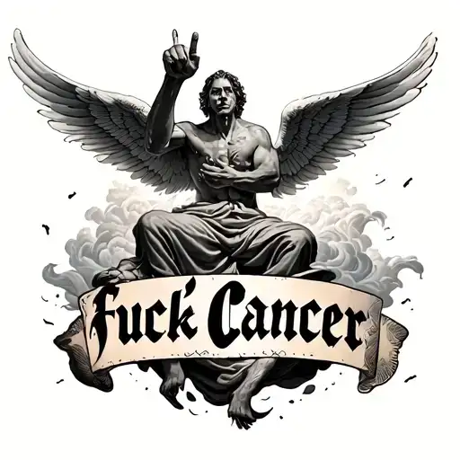 "Fuck Cancer" hyperrealistic charub with gorgeous  wings floating through a big storm. sticking his middle finger up tattoo design idea