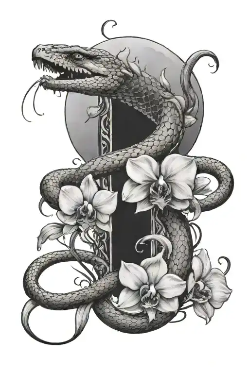 left hand forearm tattoo with a black mamba snake and the moon on top with orchid flowers all around  tattoo design idea