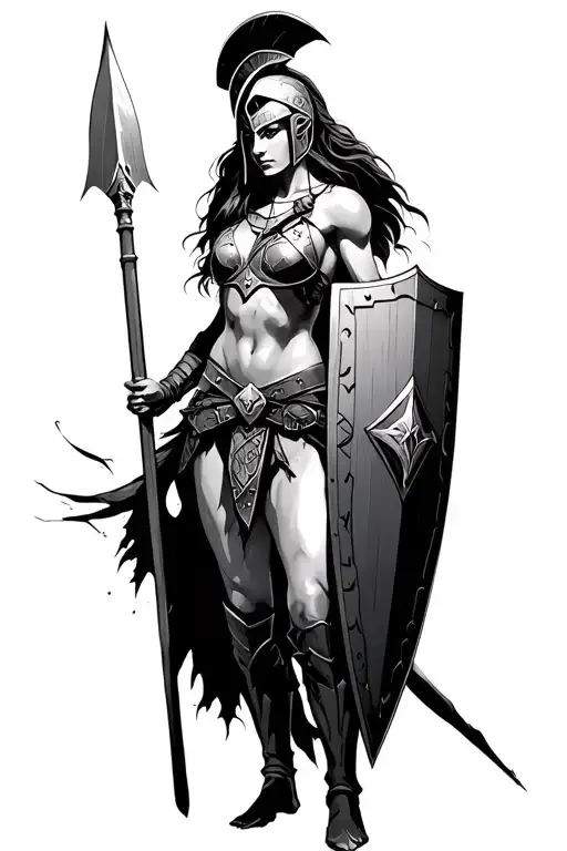ares as a female spartan with spear and shield adorned tattoo design idea