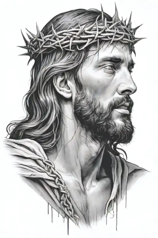 Hyper realistic portrait of Jesus Christ with a crown of thorns, looking down , loving expression, blood drippin tattoo design idea