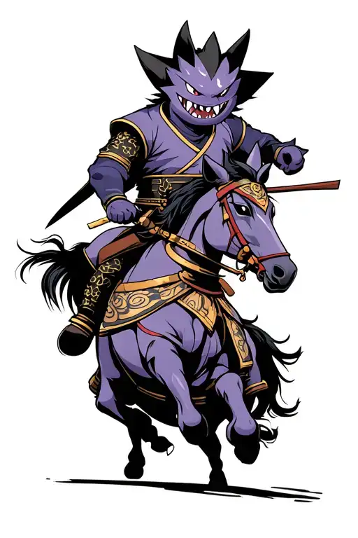 gengar the Pokemon as a samurai riding a horse using more traditional Japanese styling  tattoo design idea