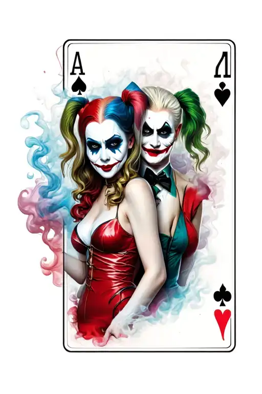 A smoke-filled background with Harley Quinn and Joker playing cards tattoo design idea