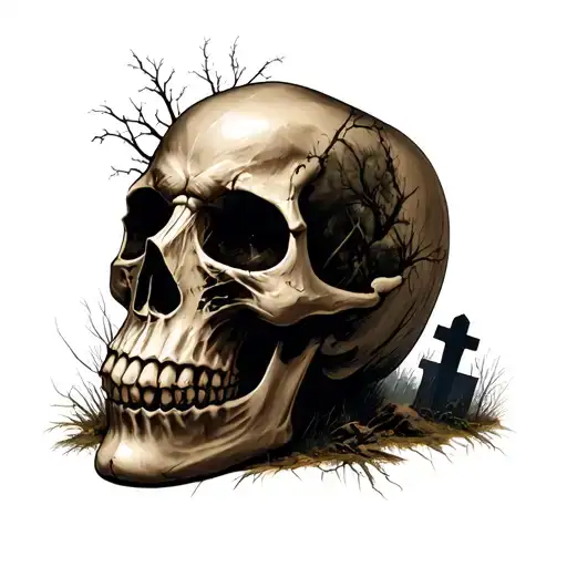 a skull with a graveyard background  tattoo design idea