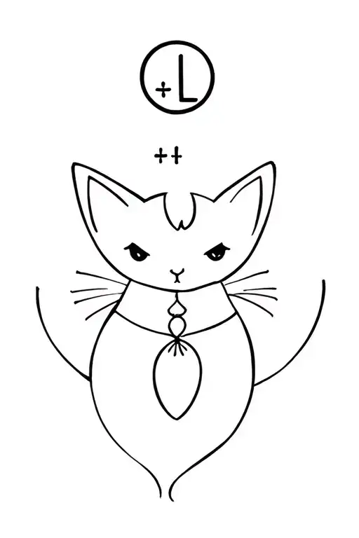 delicate collar-style tattoo, subtle happy collared kitten, triskelion symbol, the letter L on top, circle with + in it tattoo design idea