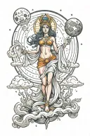 wisdom goddess full body standing front facing powerful sexy full moon rising colorful tattoo design idea
