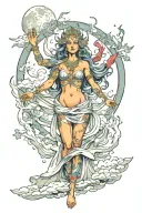 wisdom goddess full body standing front facing powerful sexy full moon rising colorful tattoo design idea