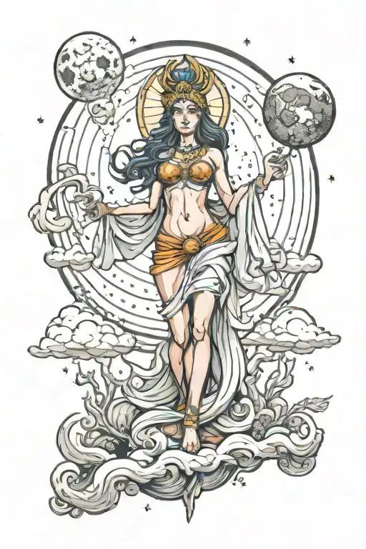 wisdom goddess full body standing front facing powerful sexy full moon rising colorful tattoo design idea