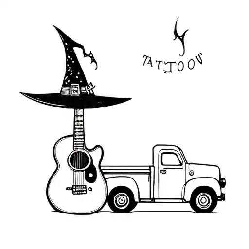 guitar, witch hat, truck and sewing machine, all together tattoo design idea