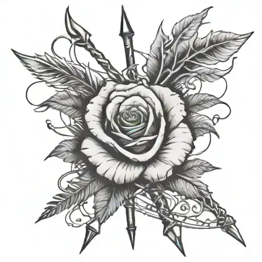 bow and arrow. bow is stems and thorns wrapped. arrows heard is a rose. tattoo facing downwards tattoo design idea