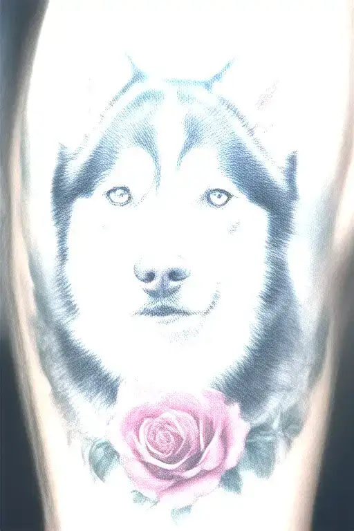 siberian husky surroned by roses tattoo design idea